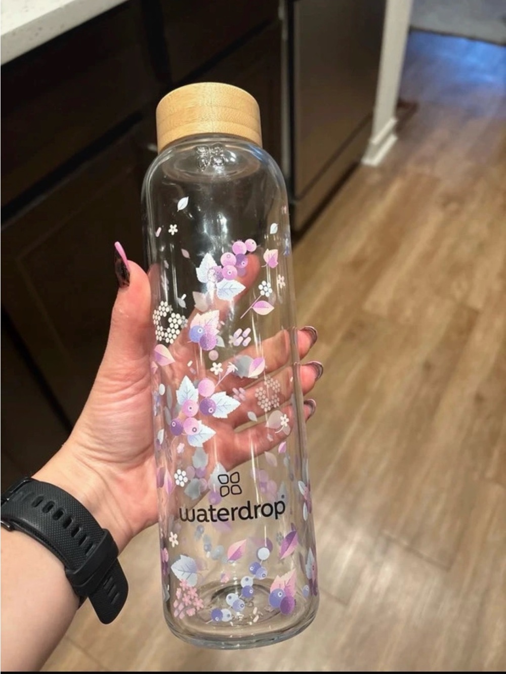 Floral Glass Waterdrop Bottle with Bamboo Lid - Pink